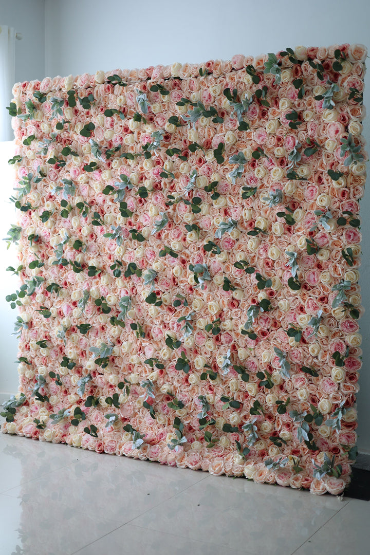 Light Yellow And Pink Roses With Green Leaves, Artificial Flower Wall Backdrop