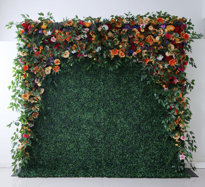 Mixed Flowers In Orange And Purple With Grass, 5D, Artificial Flower Wall