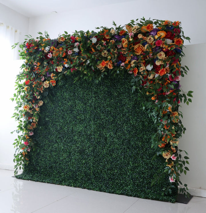 Mixed Flowers In Orange And Purple With Grass, 5D, Artificial Flower Wall