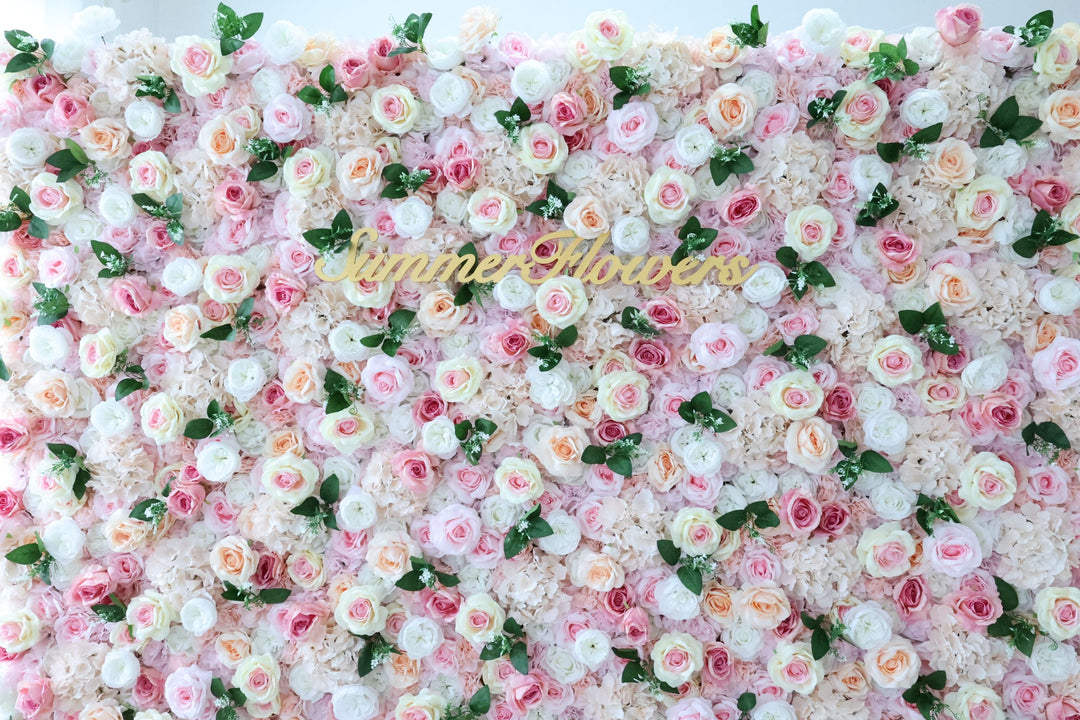 Mixed Flowers In Pink And Beige, 3D, Fabric Backing Artificial Flower Wall