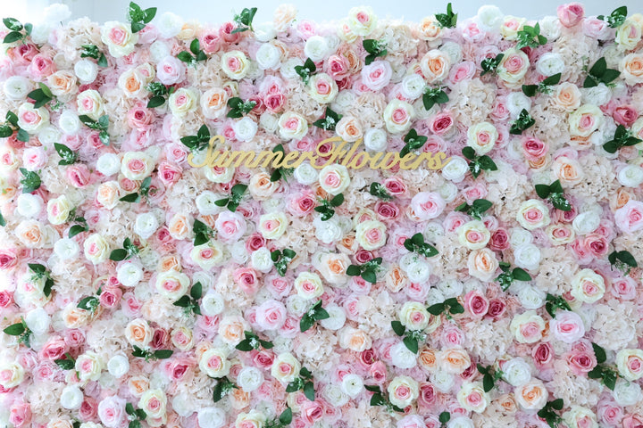 Mixed Flowers In Pink And Beige, 3D, Fabric Backing Artificial Flower Wall