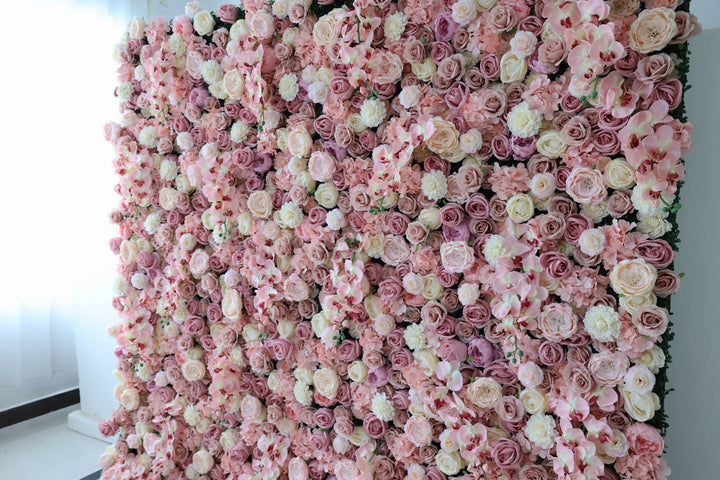 Mixed Flowers In Pink And Purple, 3D, Fabric Backing Artificial Flower Wall