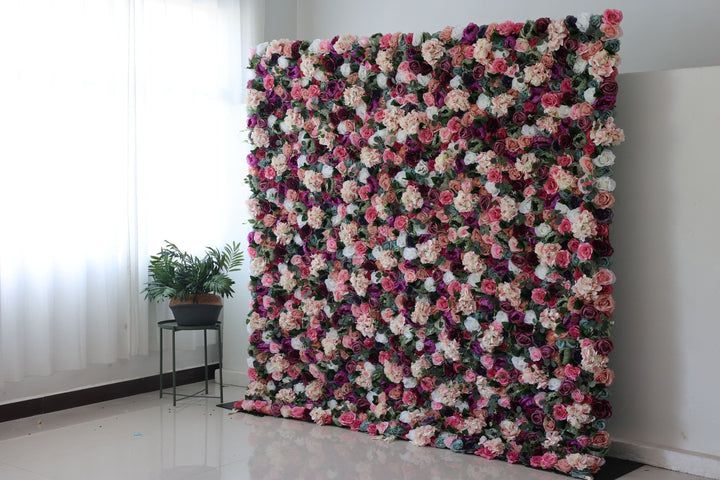 Mixed Color Roses And Pink Hydrangeas And Green Leaves, Artificial Flower Wall Backdrop