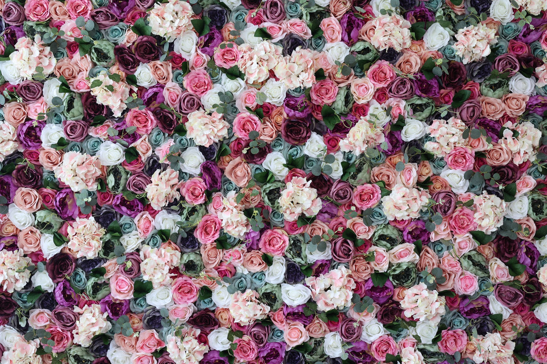 Mixed Color Roses And Pink Hydrangeas And Green Leaves, Artificial Flower Wall Backdrop