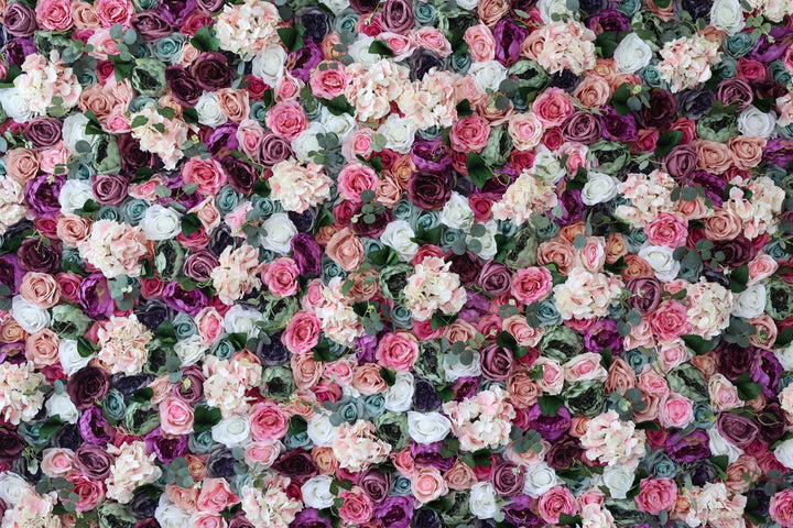 Mixed Color Roses And Pink Hydrangeas And Green Leaves, Artificial Flower Wall Backdrop