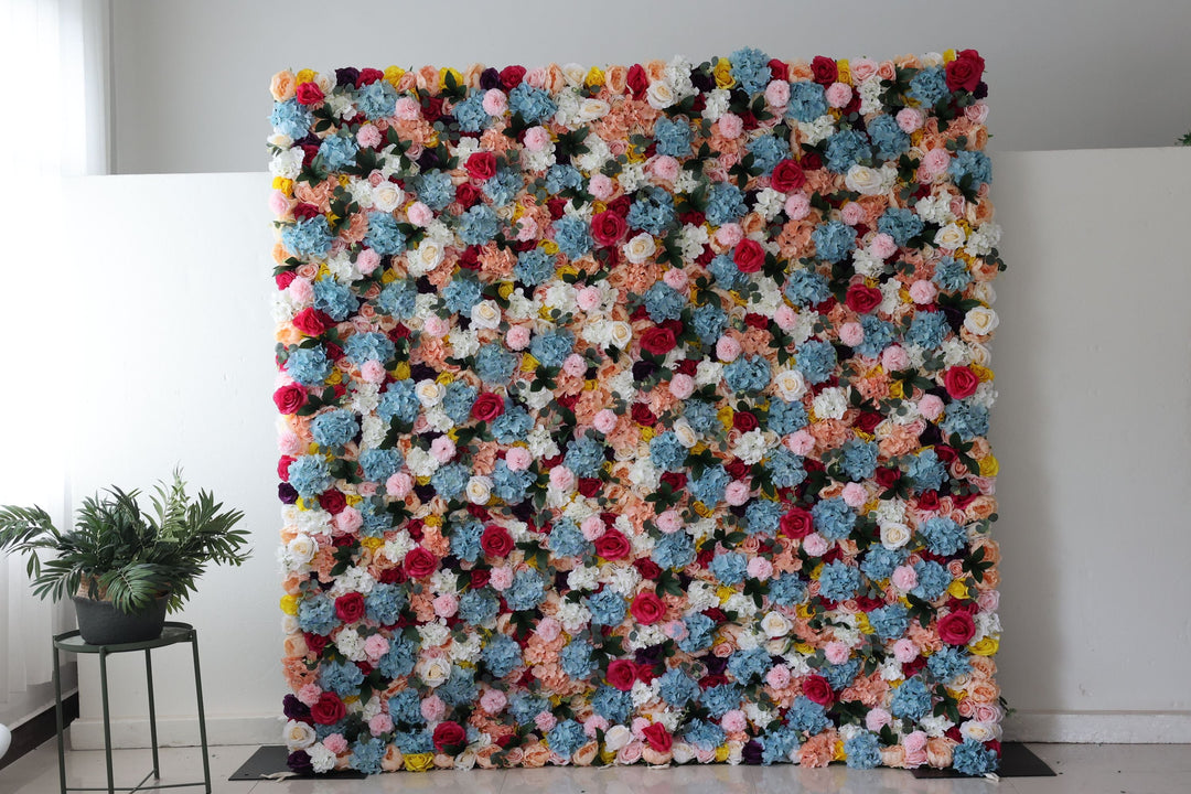 Mixed Colors Of Roses And Hydrangeas With Green Leaves, Artificial Flower Wall Backdrop