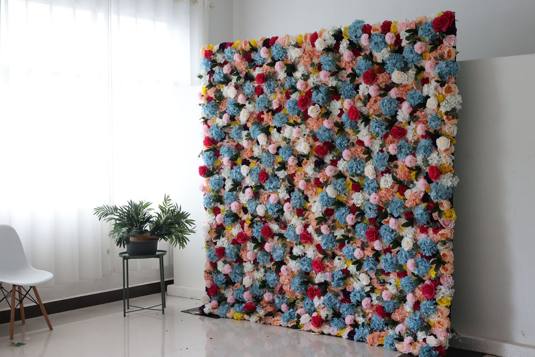 Mixed Colors Of Roses And Hydrangeas With Green Leaves, Artificial Flower Wall Backdrop