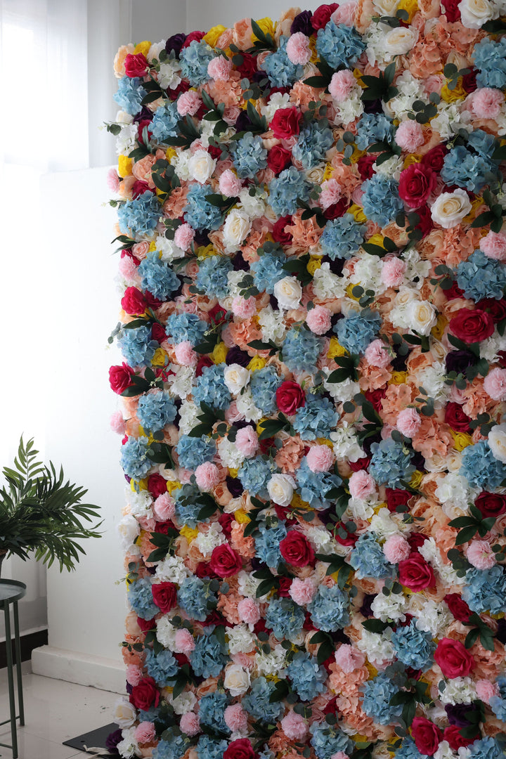 Mixed Colors Of Roses And Hydrangeas With Green Leaves, Artificial Flower Wall Backdrop