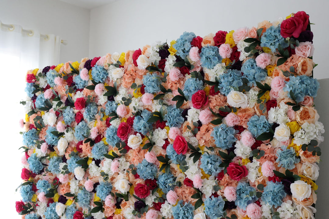 Mixed Colors Of Roses And Hydrangeas With Green Leaves, Artificial Flower Wall Backdrop