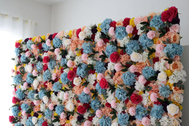 Mixed Colors Of Roses And Hydrangeas With Green Leaves, Artificial Flower Wall Backdrop
