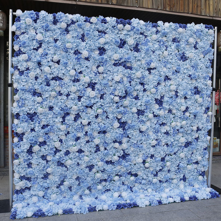 White Roses Blue Hydrangea Wedding Backdrop 5D Fabric Cloth Flower Wall