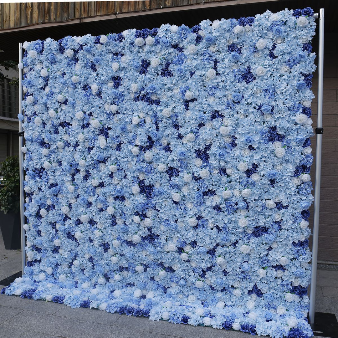 White Roses Blue Hydrangea Wedding Backdrop 5D Fabric Cloth Flower Wall