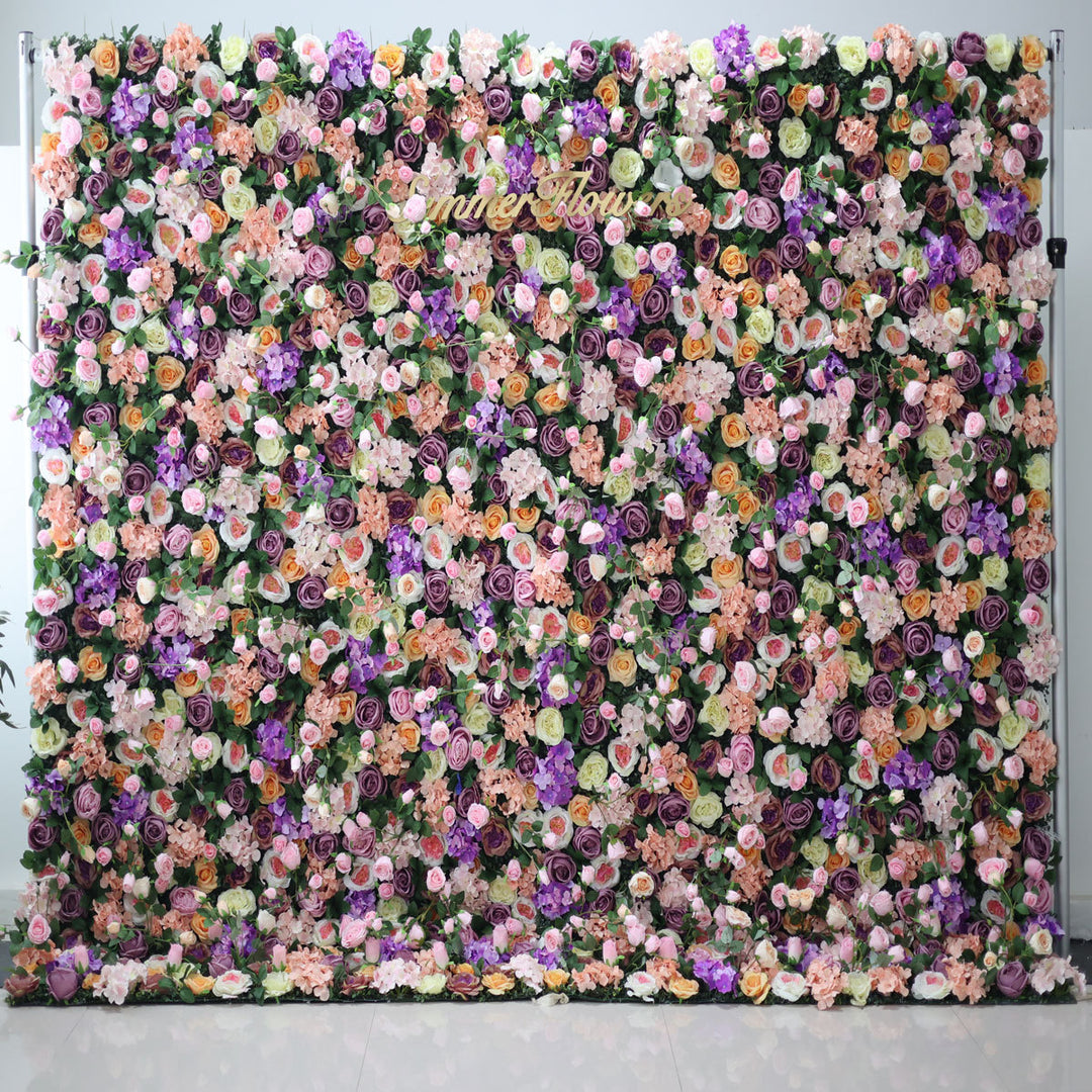 Luxury Purple Hydrangea And Pink Roses 5D, Fabric Backing, Artificial Flower Wall Backdrop