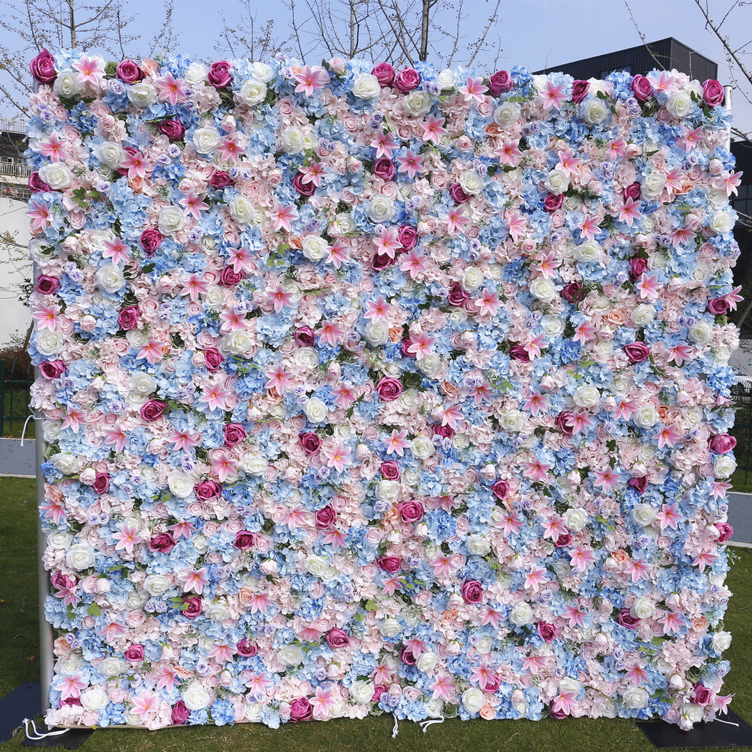 Blue Hydrangea And White Roses And Pink Lilies, Artificial Flower Wall Backdrop