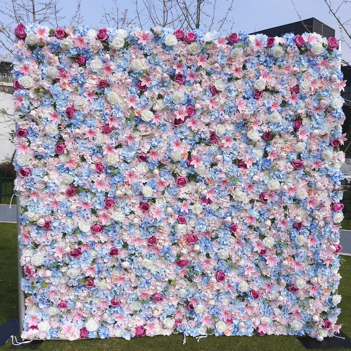 Blue Hydrangea And White Roses And Pink Lilies, Artificial Flower Wall Backdrop