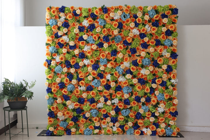 Orange Roses And Mixed Color Hydrangeas, Artificial Flower Wall, Wedding Party Backdrop