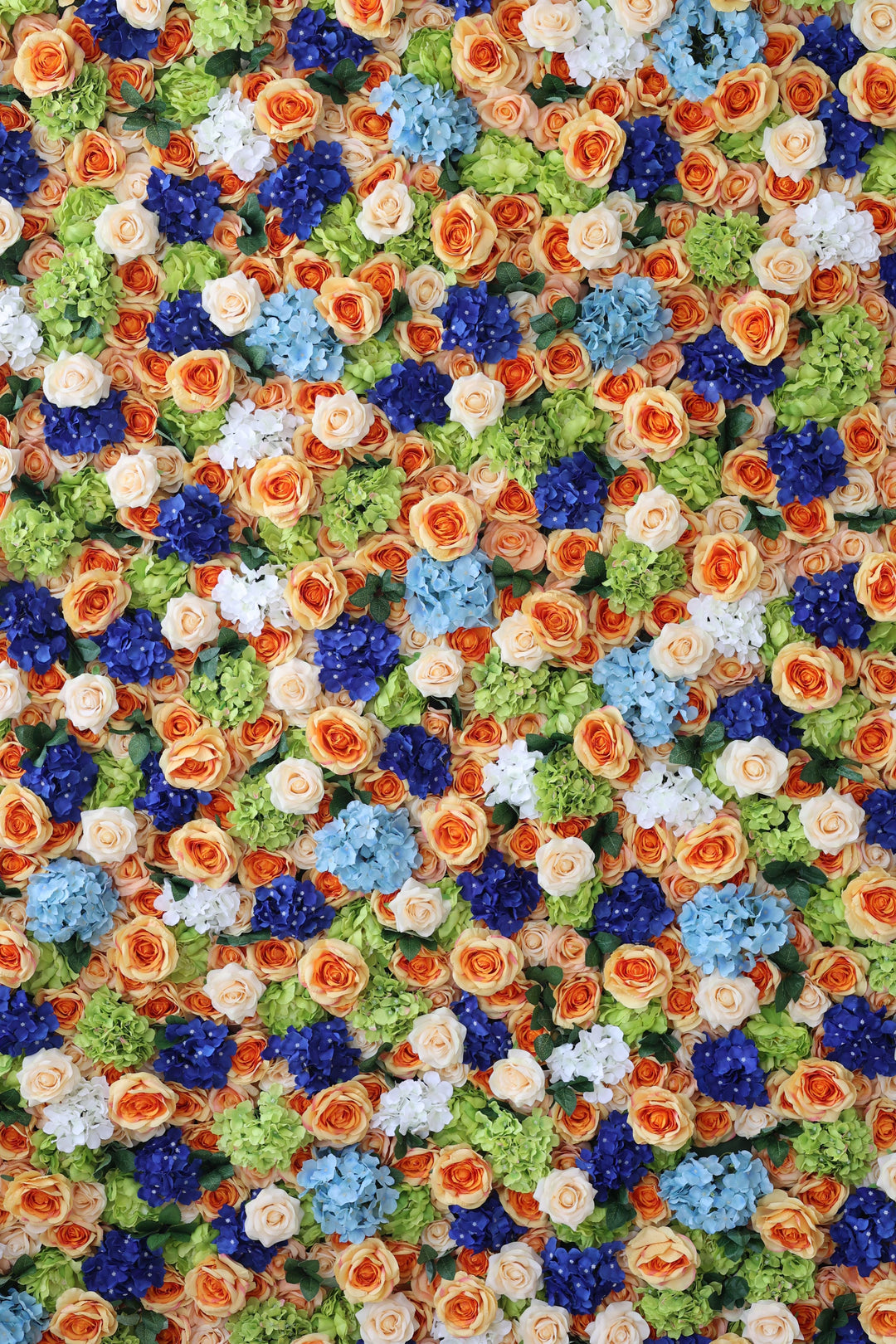 Orange Roses And Mixed Color Hydrangeas, Artificial Flower Wall, Wedding Party Backdrop