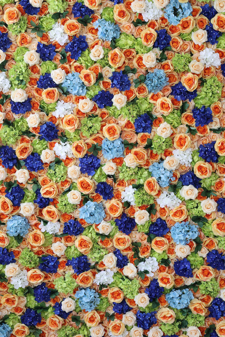 Orange Roses And Mixed Color Hydrangeas, Artificial Flower Wall, Wedding Party Backdrop