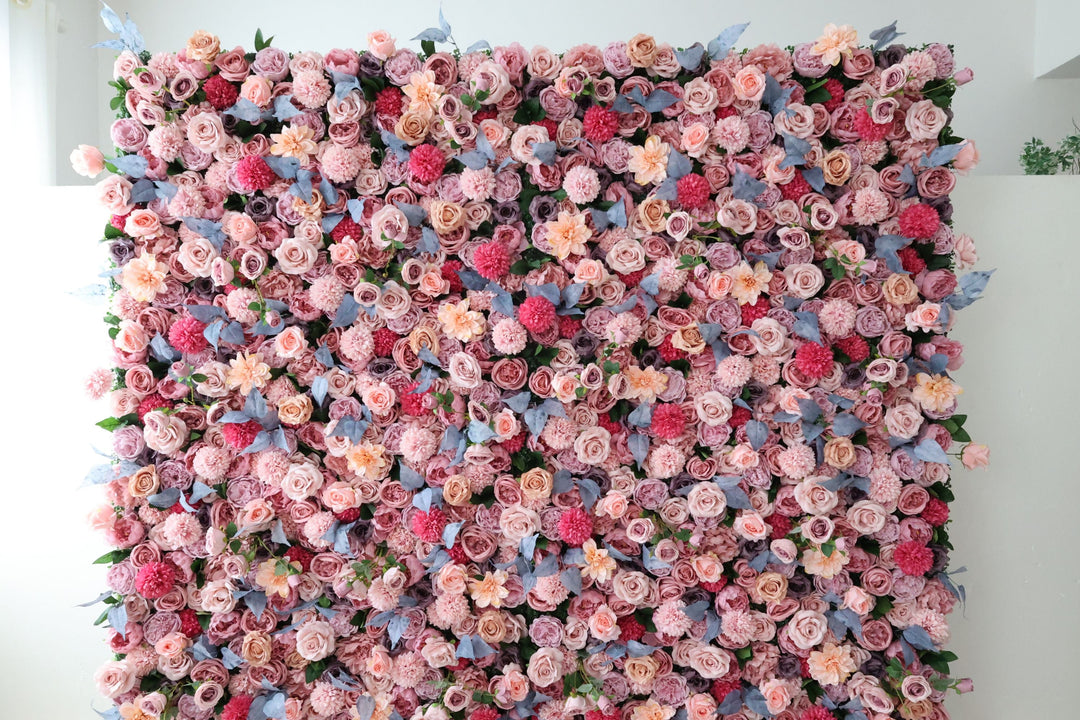 Pink And Light Yellow Roses And Pink Dahlias, Artificial Flower Wall Backdrop