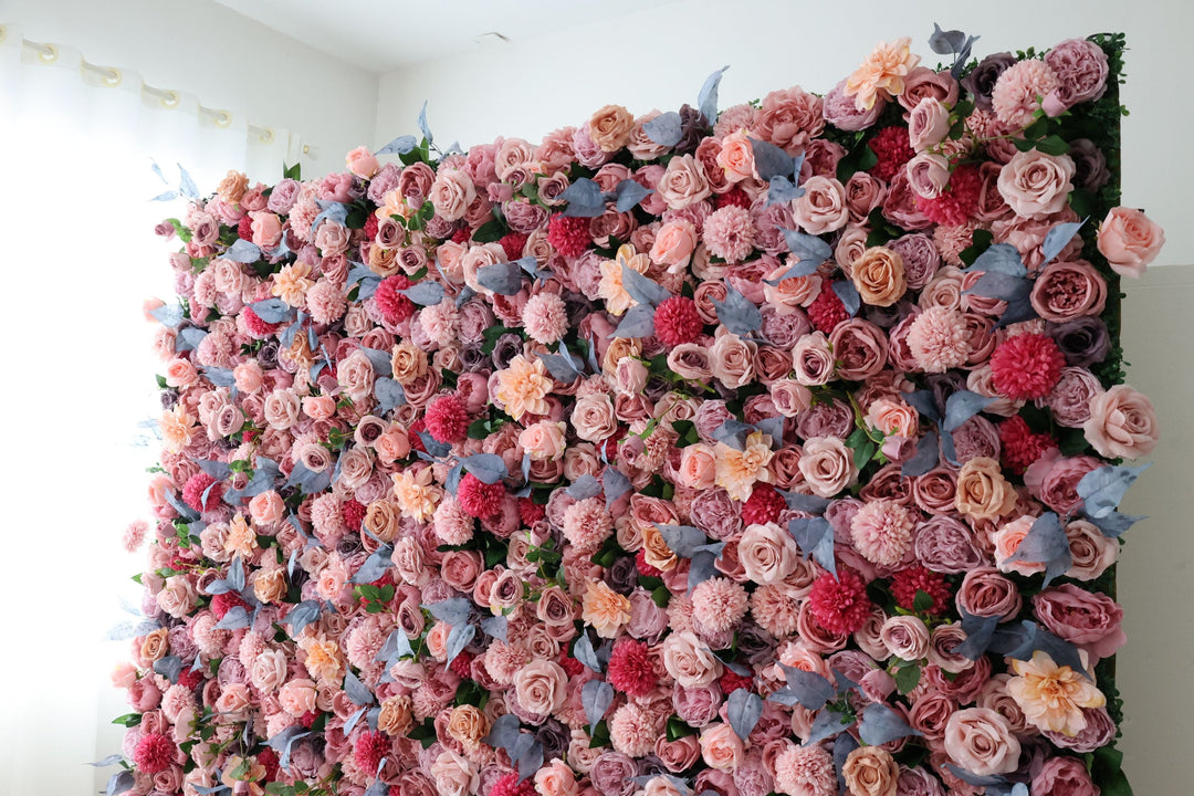 Pink And Light Yellow Roses And Pink Dahlias, Artificial Flower Wall Backdrop