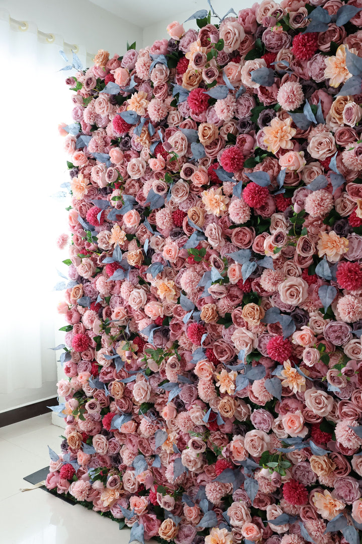 Pink And Light Yellow Roses And Pink Dahlias, Artificial Flower Wall Backdrop
