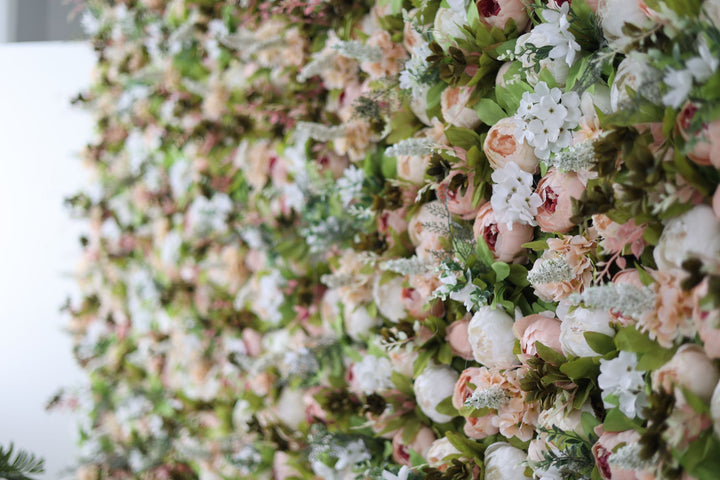 Pink Peonies And White Hydrangeas And Green Leaves, Artificial Flower Wall Backdrop