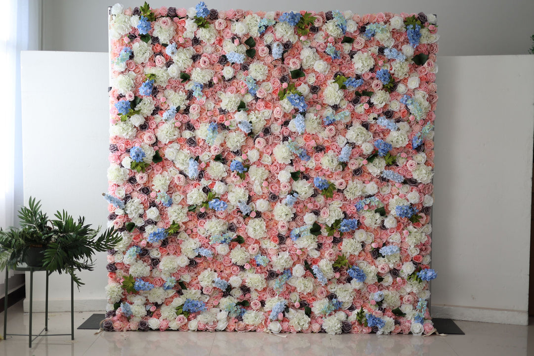 Pink Roses And Blue And White Hydrangeas, Artificial Flower Wall, Wedding Party Backdrop