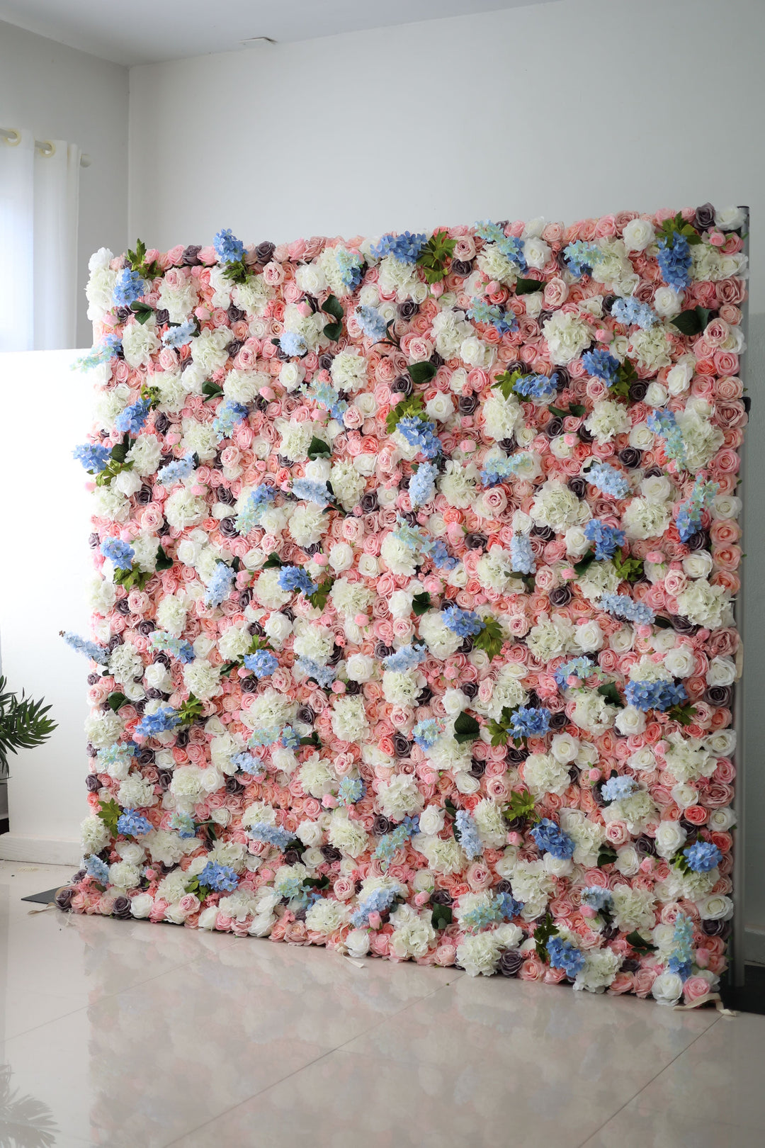 Pink Roses And Blue And White Hydrangeas, Artificial Flower Wall, Wedding Party Backdrop