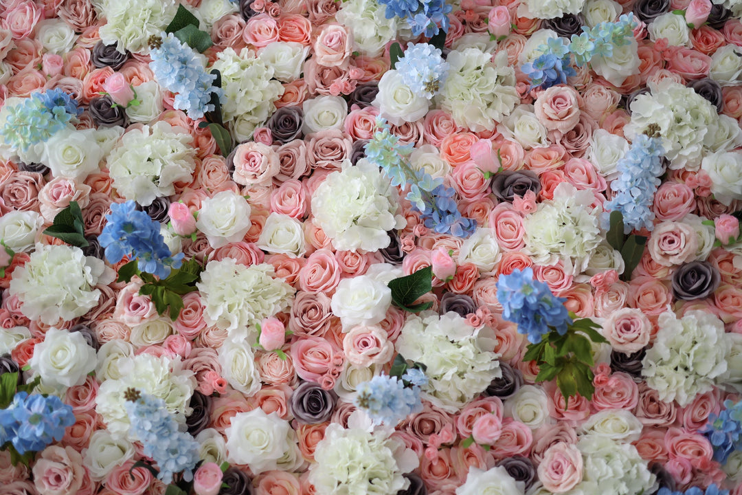 Pink Roses And Blue And White Hydrangeas, Artificial Flower Wall, Wedding Party Backdrop