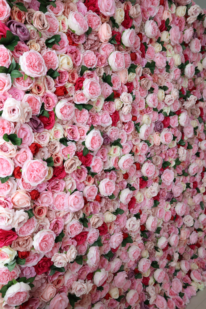 Pink Roses And Peonies And Green Leaves, Artificial Flower Wall Backdrop