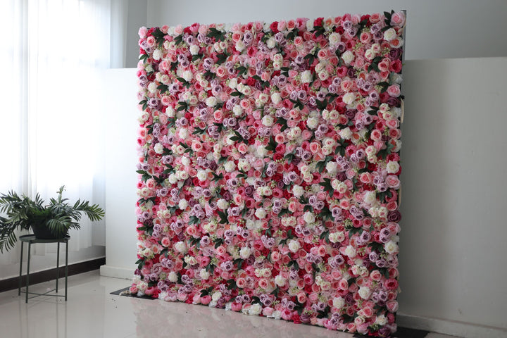 Purple And Pink Roses And Green Leaves, Artificial Flower Wall, Wedding Party Backdrop