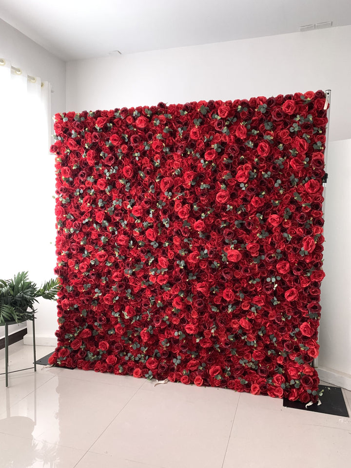 Red And Crimson Roses And Green Leaves, Artificial Flower Wall, Wedding Party Backdrop