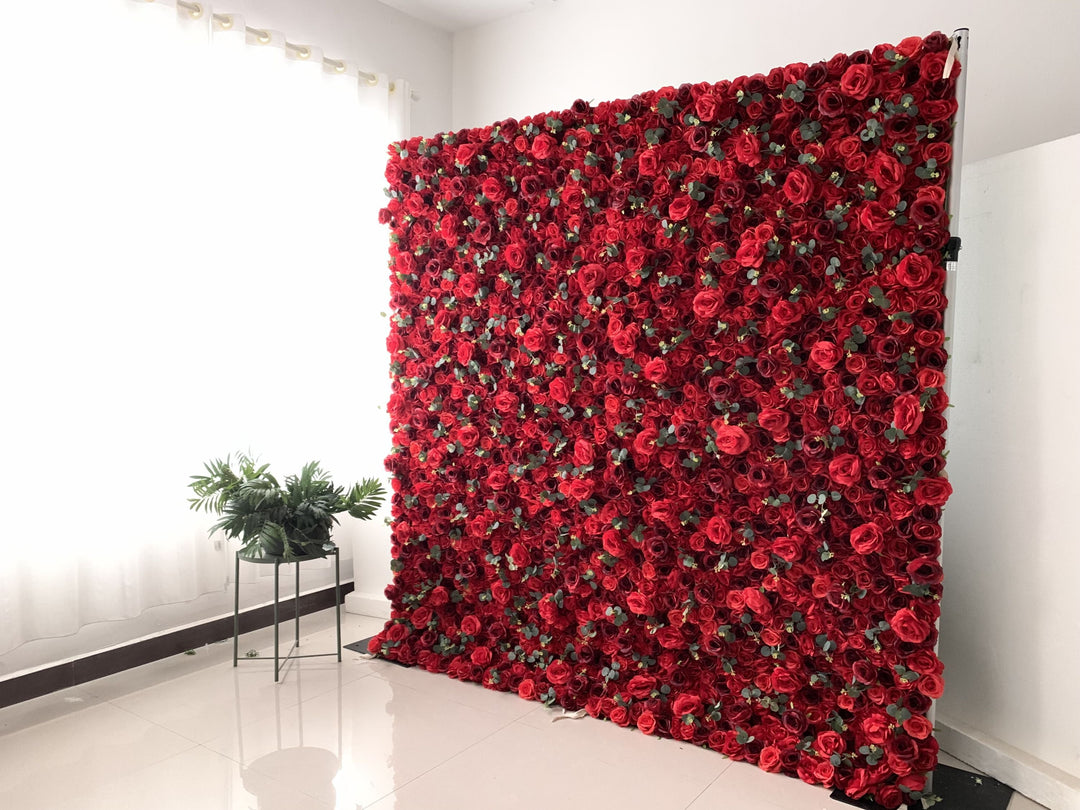 Red And Crimson Roses And Green Leaves, Artificial Flower Wall, Wedding Party Backdrop
