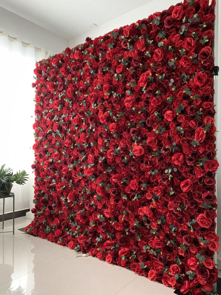 Red And Crimson Roses And Green Leaves, Artificial Flower Wall, Wedding Party Backdrop