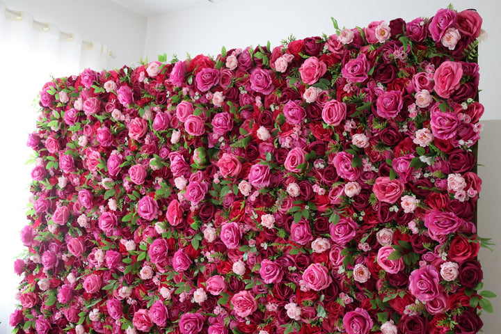 Red Roses And Green Leaves, Artificial Flower Wall, Wedding Party Backdrop