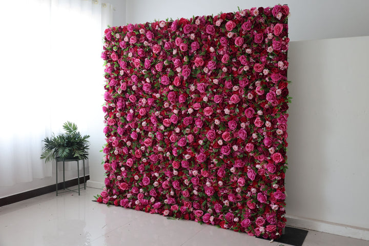 Red Roses And Green Leaves, Artificial Flower Wall, Wedding Party Backdrop