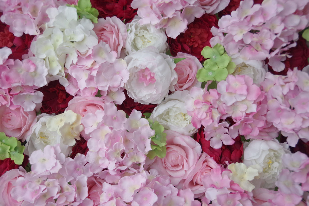 Red And White Peonies And White And Pink Hydrangeas, Artificial Flower Wall Backdrop