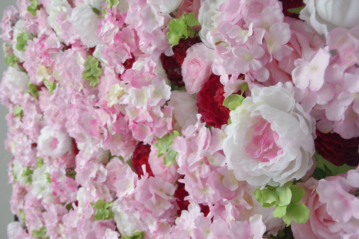 Red And White Peonies And White And Pink Hydrangeas, Artificial Flower Wall Backdrop