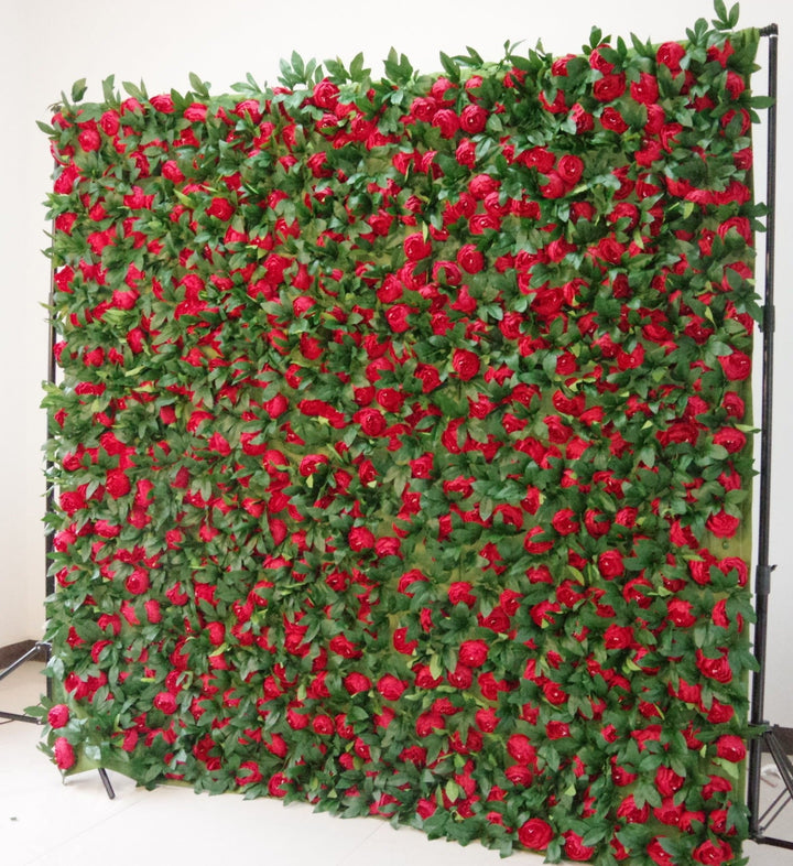 Red Peony Flowers And Green Leaves, Artificial Flower Wall Backdrop