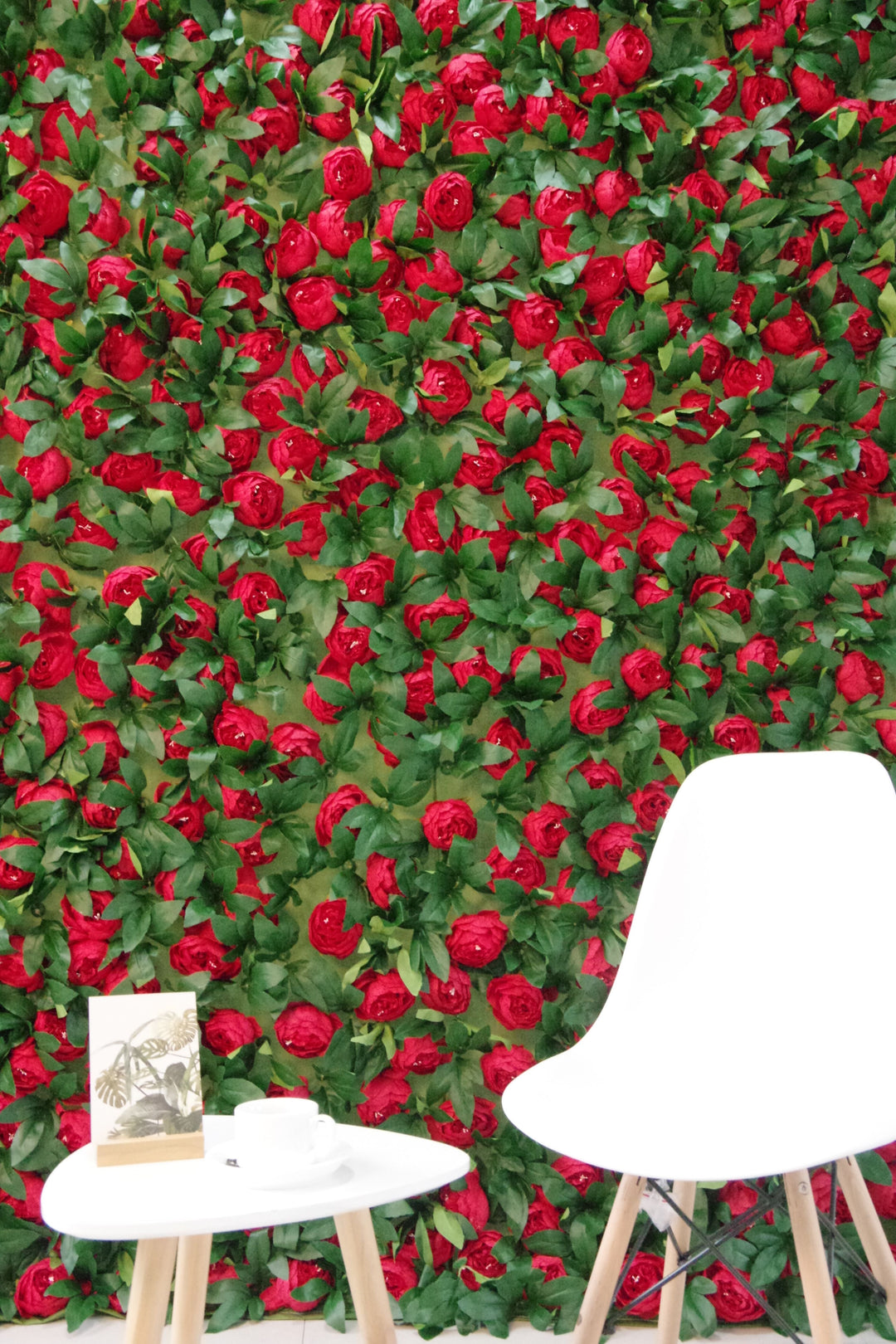 Red Peony Flowers And Green Leaves, Artificial Flower Wall Backdrop