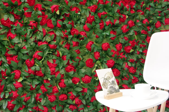 Red Peony Flowers And Green Leaves, Artificial Flower Wall Backdrop