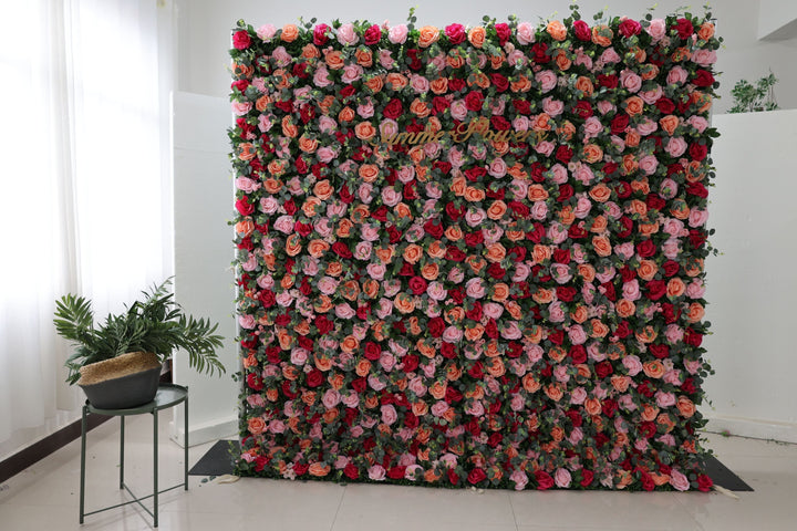 Red Pink Orange Roses And Green Leaves, Artificial Flower Wall, Wedding Party Backdrop