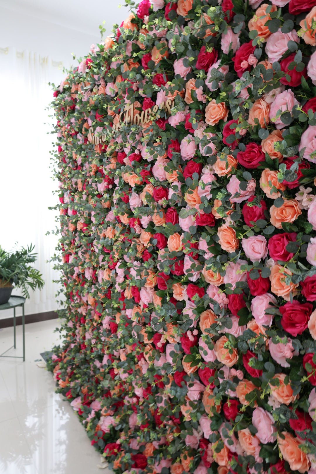 Red Pink Orange Roses And Green Leaves, Artificial Flower Wall, Wedding Party Backdrop
