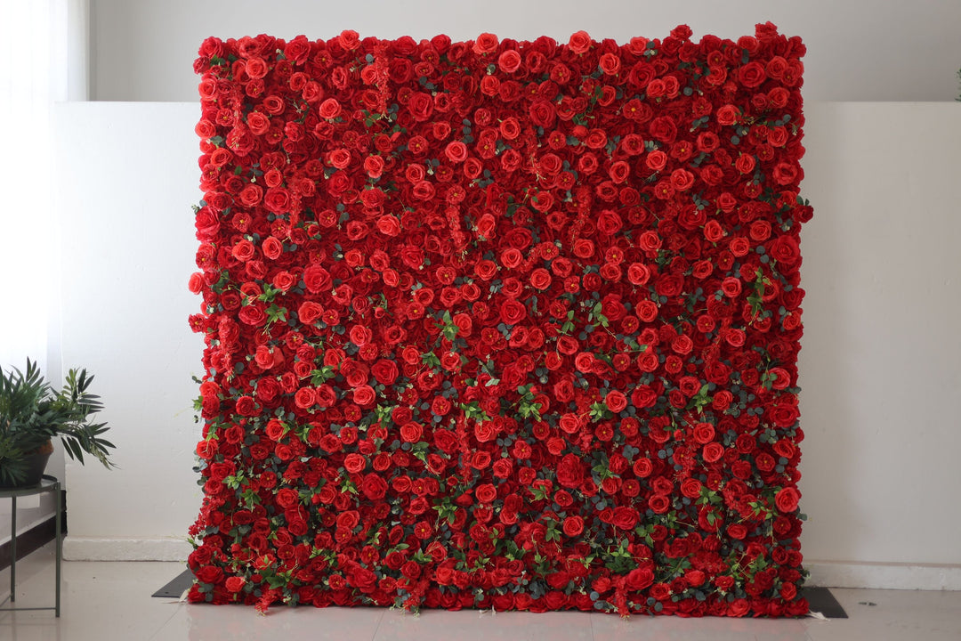 Red Roses And Green Leaves, Artificial Flower Wall, Wedding Party Backdrop