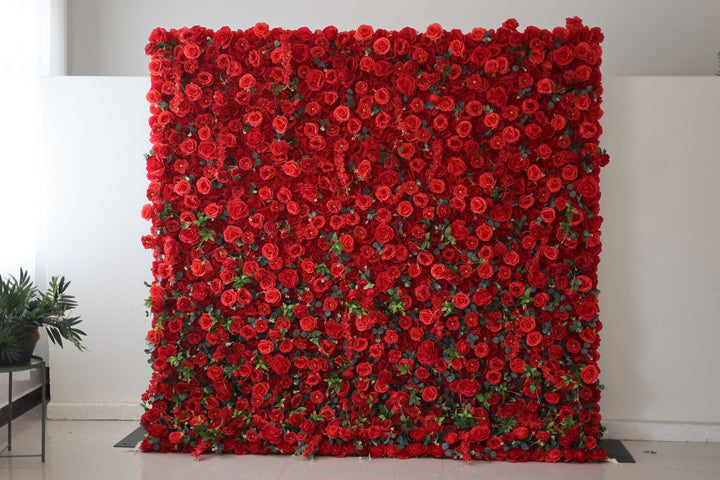 Red Roses And Green Leaves, Artificial Flower Wall, Wedding Party Backdrop