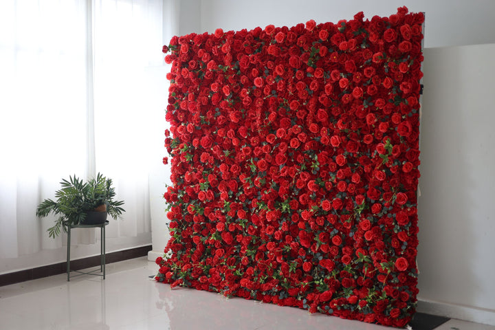 Red Roses And Green Leaves, Artificial Flower Wall, Wedding Party Backdrop