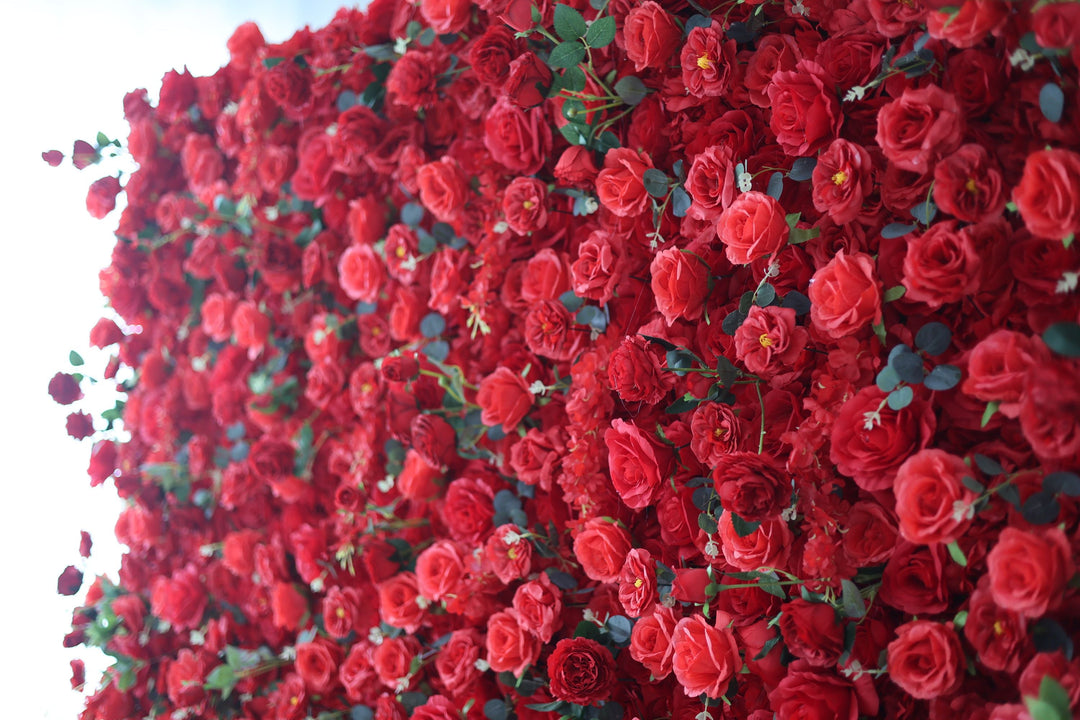 Red Roses And Green Leaves, Artificial Flower Wall, Wedding Party Backdrop