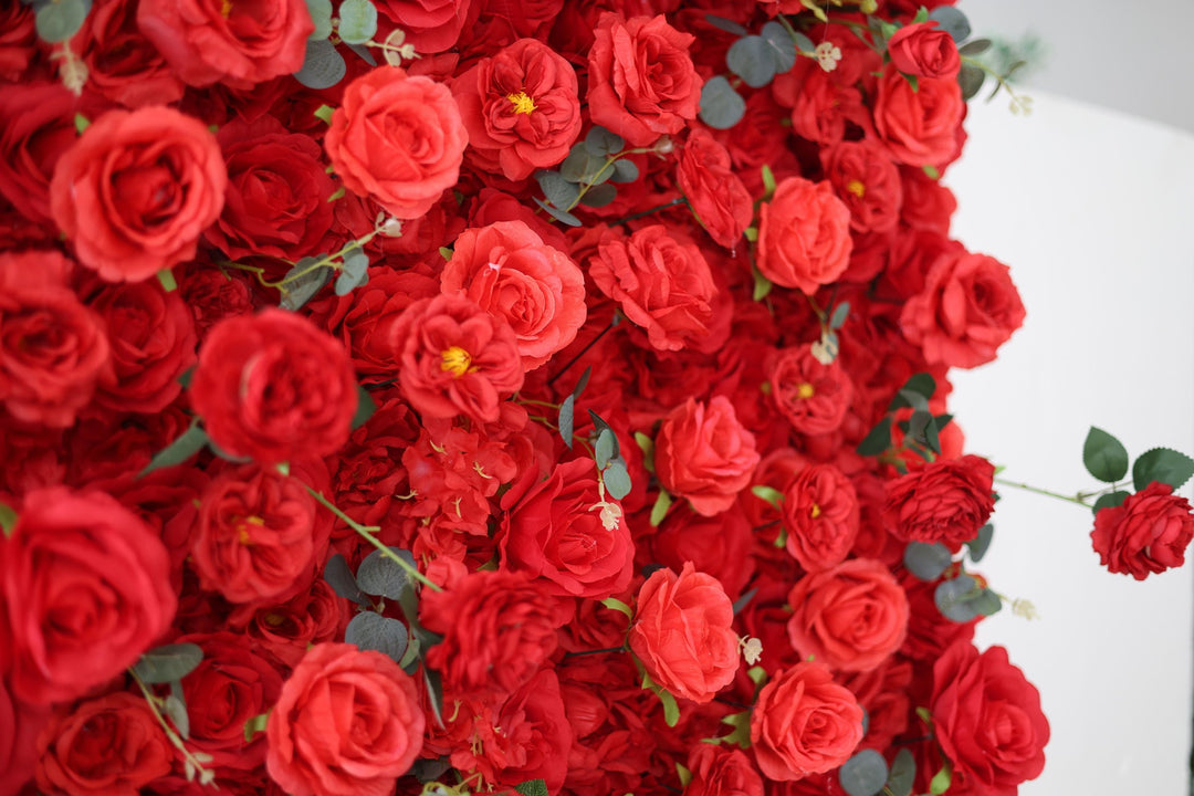 Red Roses And Green Leaves, Artificial Flower Wall, Wedding Party Backdrop