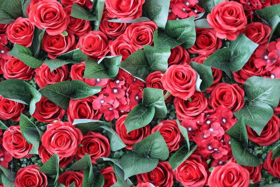 Red Roses And Hydrangeas And Green Leaves, Artificial Flower Wall, Wedding Party Backdrop