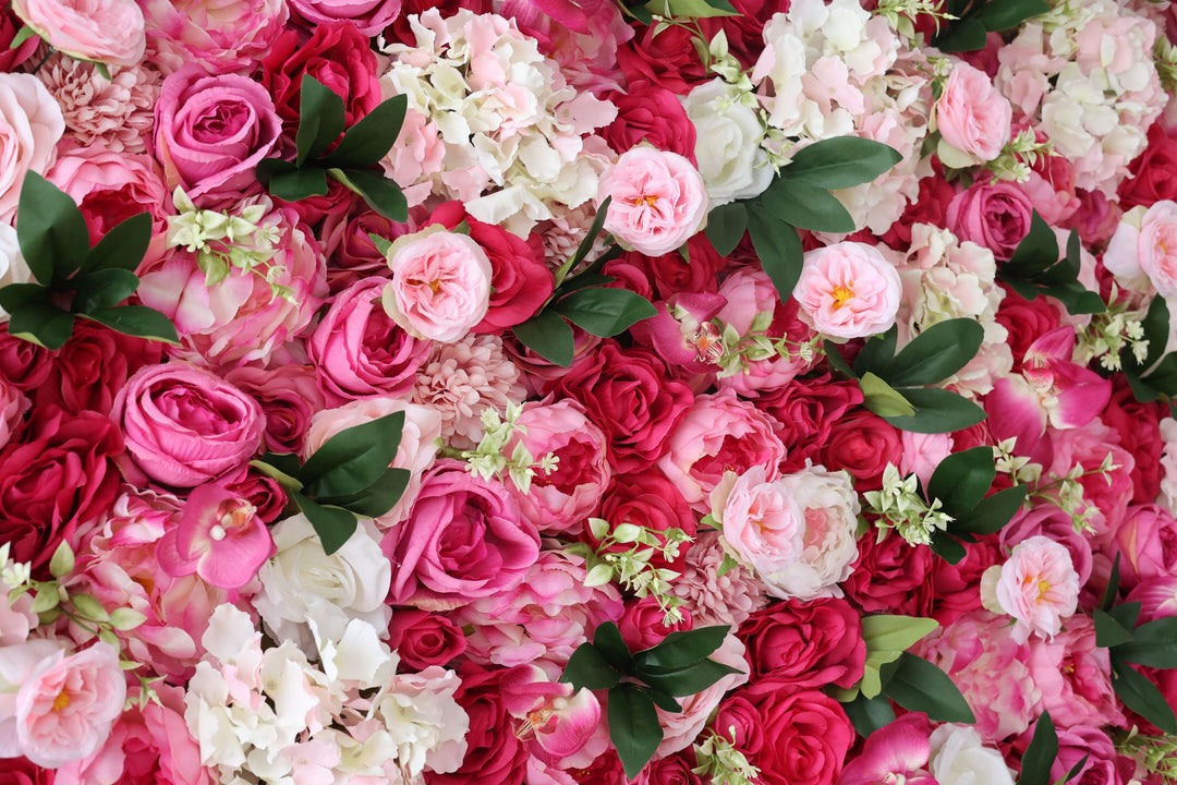 Rose Roses And Pink Hydrangeas And Green Leaves, Artificial Flower Wall Backdrop
